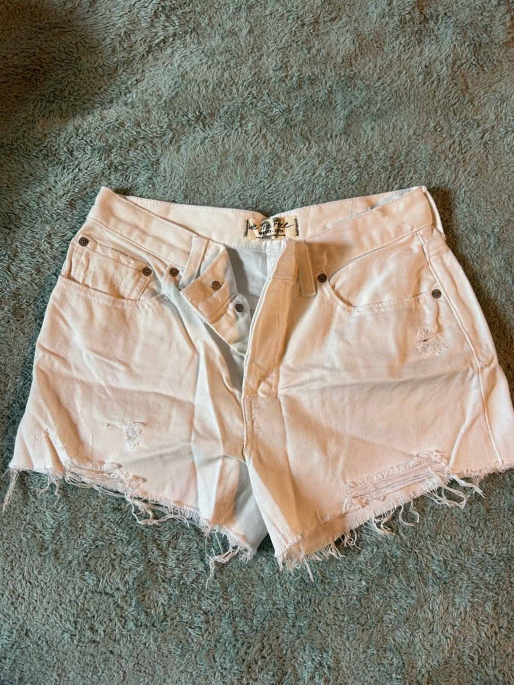 Free People White Distressed High-Rise Denim Shorts